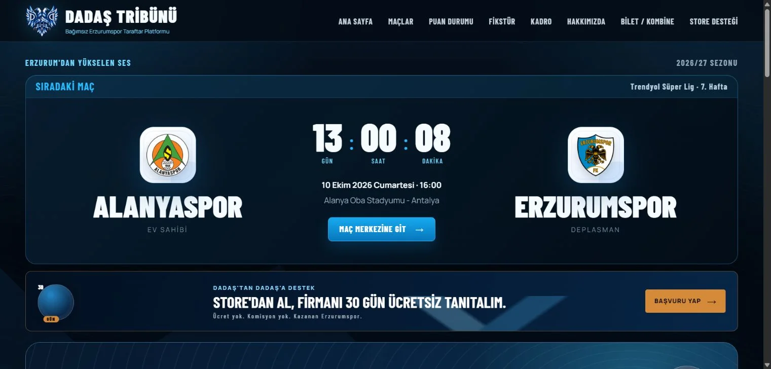 Dadaş Tribünü · Erzurumspor.com proje görünümü
